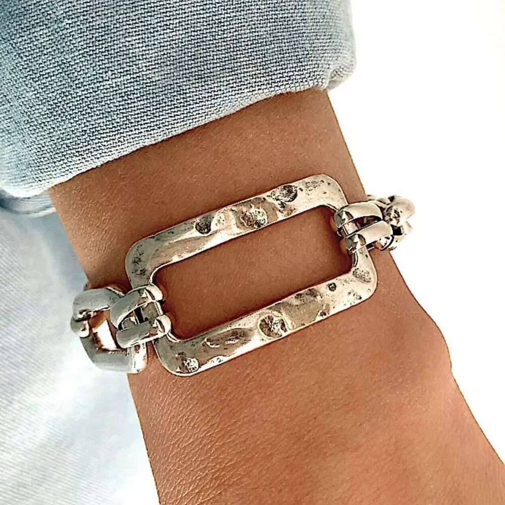 Stainless Steel Rectangular Bracelet Boho Hammered Chain Link